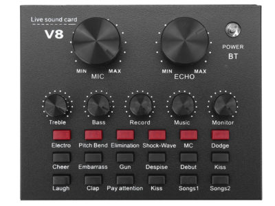 Table de mixage audio externe V8 Carte son Interface USB avec 6 modes sonores Effets sonores multiples