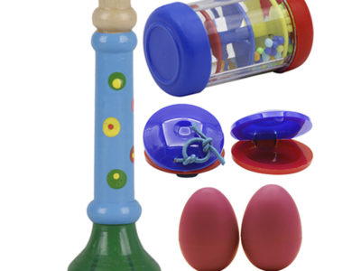 Ensemble de 4 pièces Instruments de musique Orff Oeufs de sable / Anneau de pluie / Petite corne / Castagnettes en plastique pour enfants
