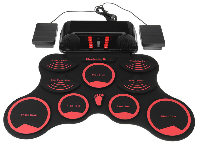 Kit de batterie électronique portable enroulable 9 pads en silicone haut-parleurs intégrés avec baguettes Support de pédale de maintien USB MIDI