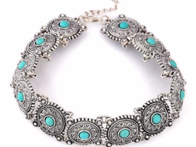 Cru fleur sculpté collier turquoise choker