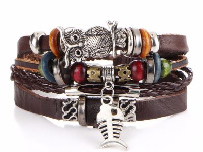 Bracelet tissé en cuir marron multi-couches …